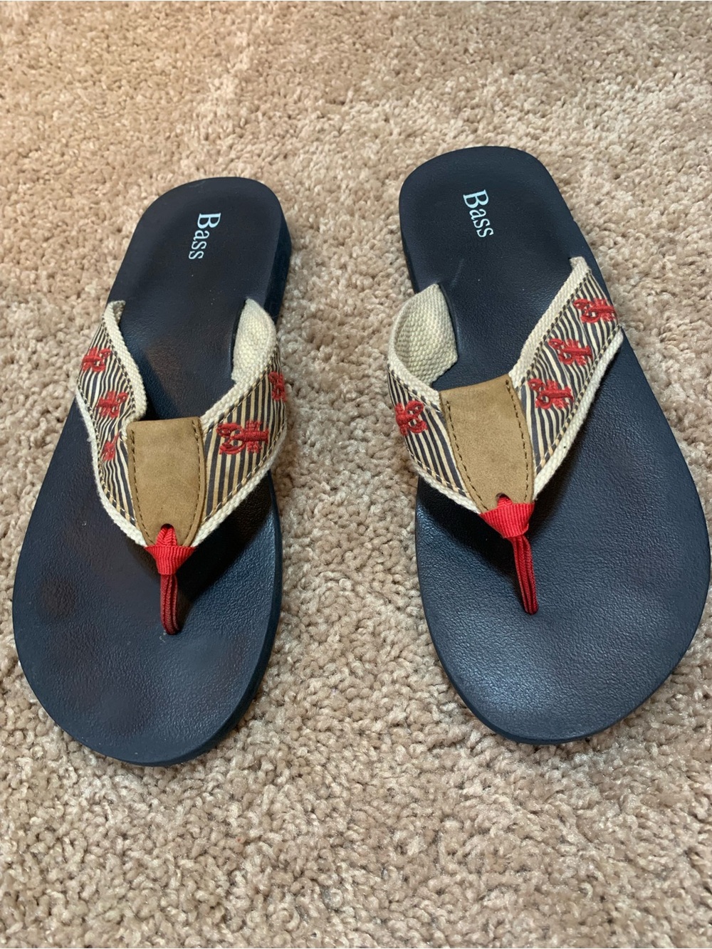 Bass Women's Navy Flip Flops with Beige Straps and Red Accents